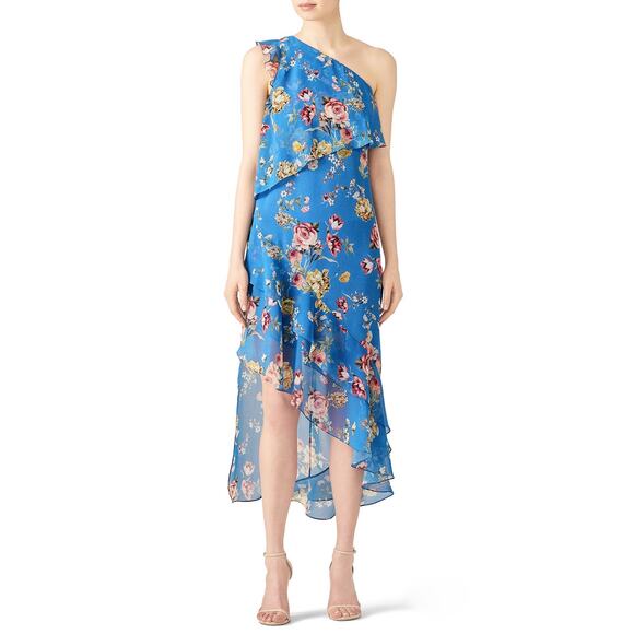 Slate + Willow Blue Floral Print Asymmetric One Shoulder Midi Dress Size 8 - Picture 1 of 11
